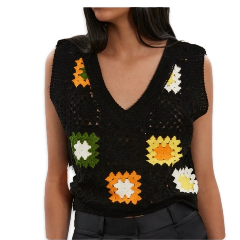 Rebellion Black V-Neck Sweater Vest with Colorful Crochet cropped medium EUC